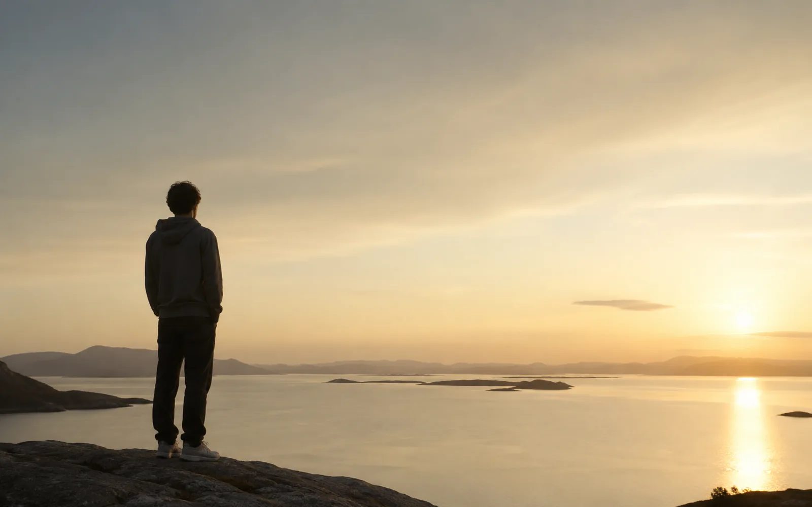 Un adolescent face à un paysage au coucher du soleil