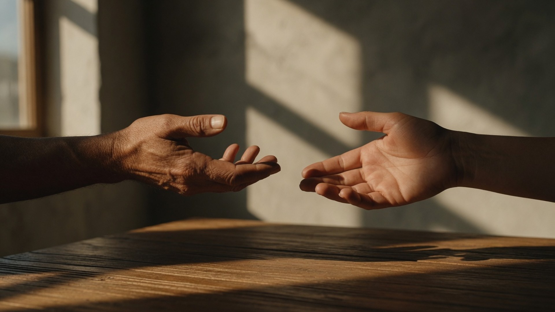 Deux mains en geste d'échange, palmes ouvertes, dialogue et réciprocité