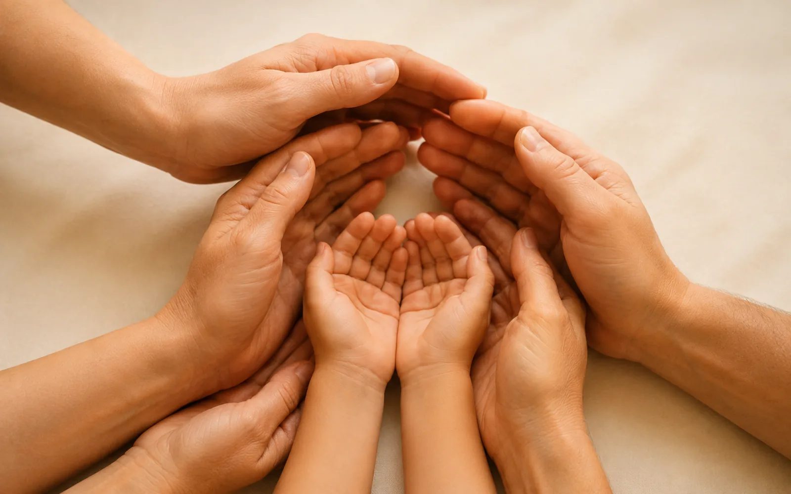 Des mains d'adultes en cercle autour de mains d'enfant