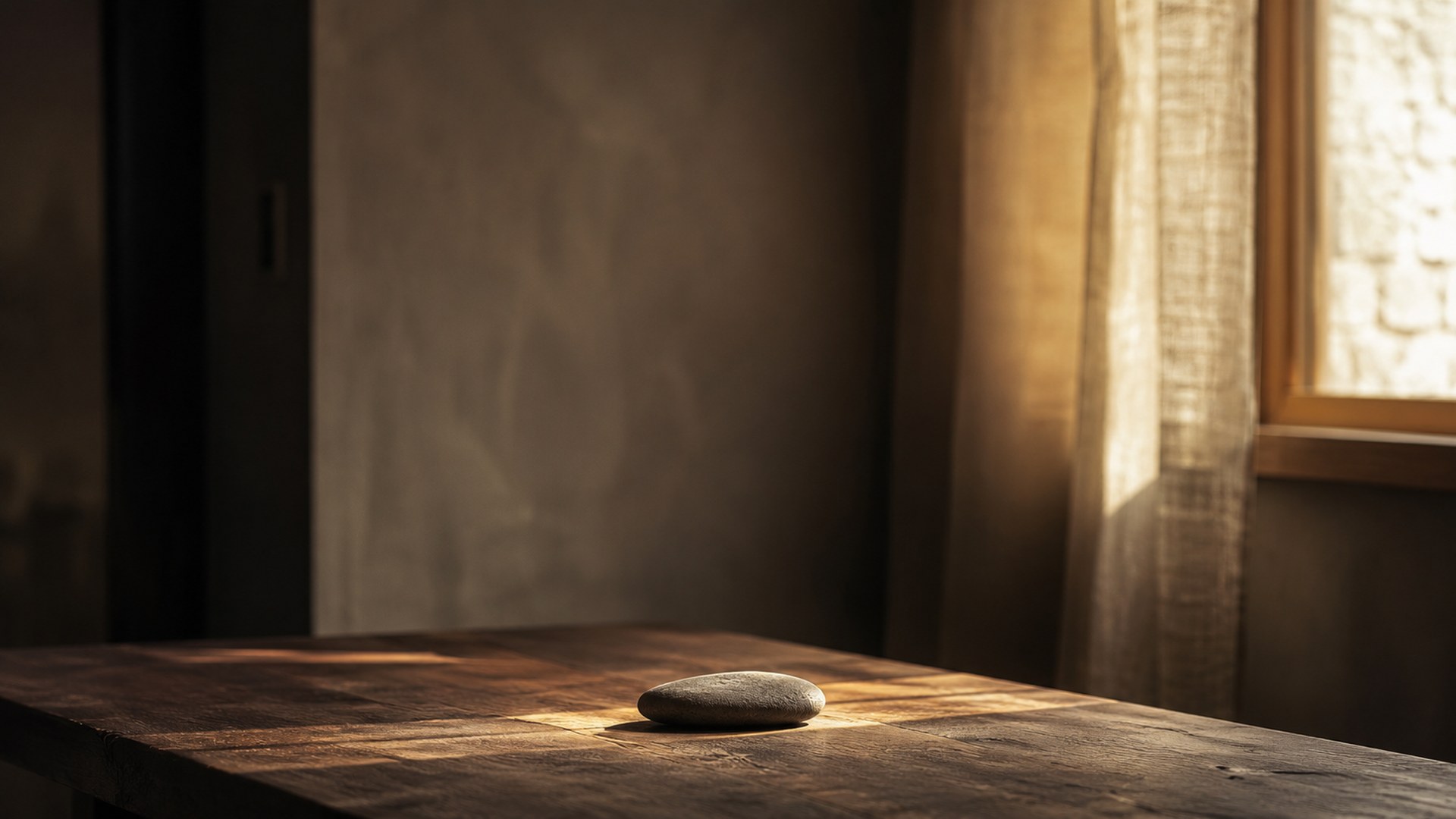Pierre grise posée sur table en bois, lumière dorée, introspection