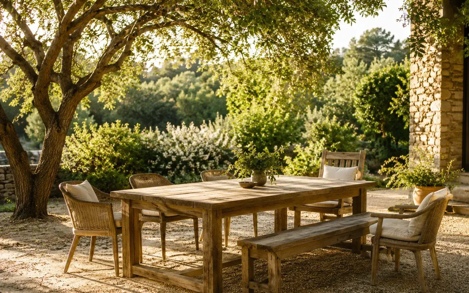 Une table en bois sous un arbre dans un jardin