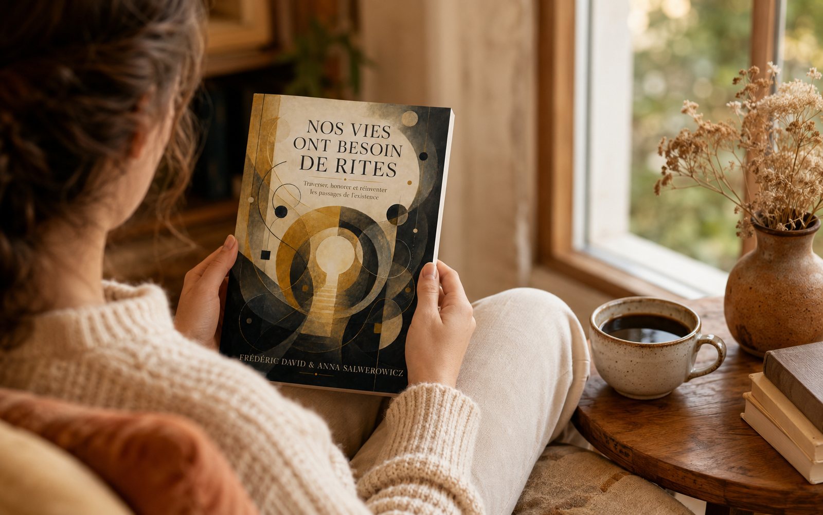 Une personne lit le livre Nos vies ont besoin de rites, assise près d'une fenêtre, une tasse de café à proximité