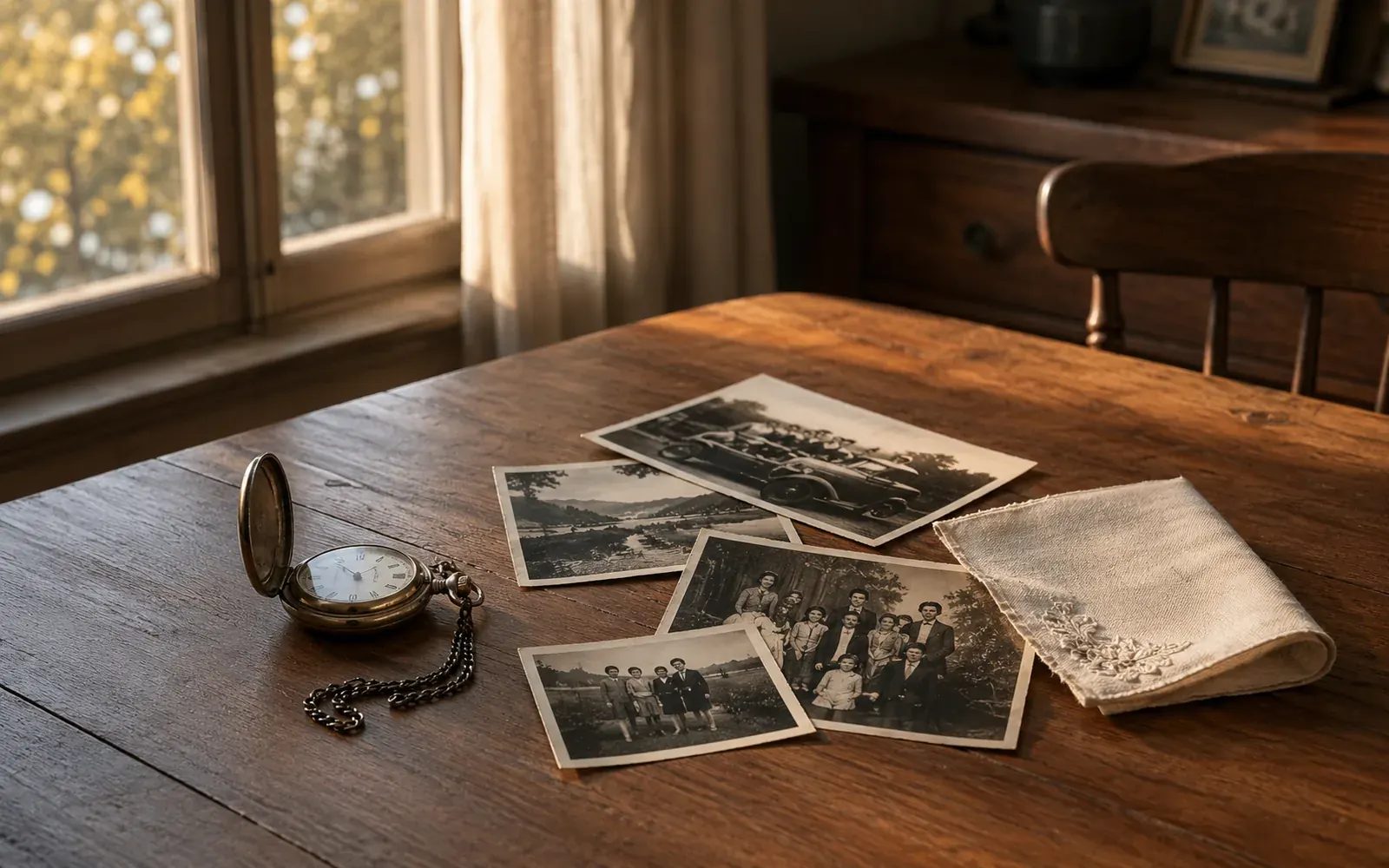 Un guéridon avec des photographies anciennes