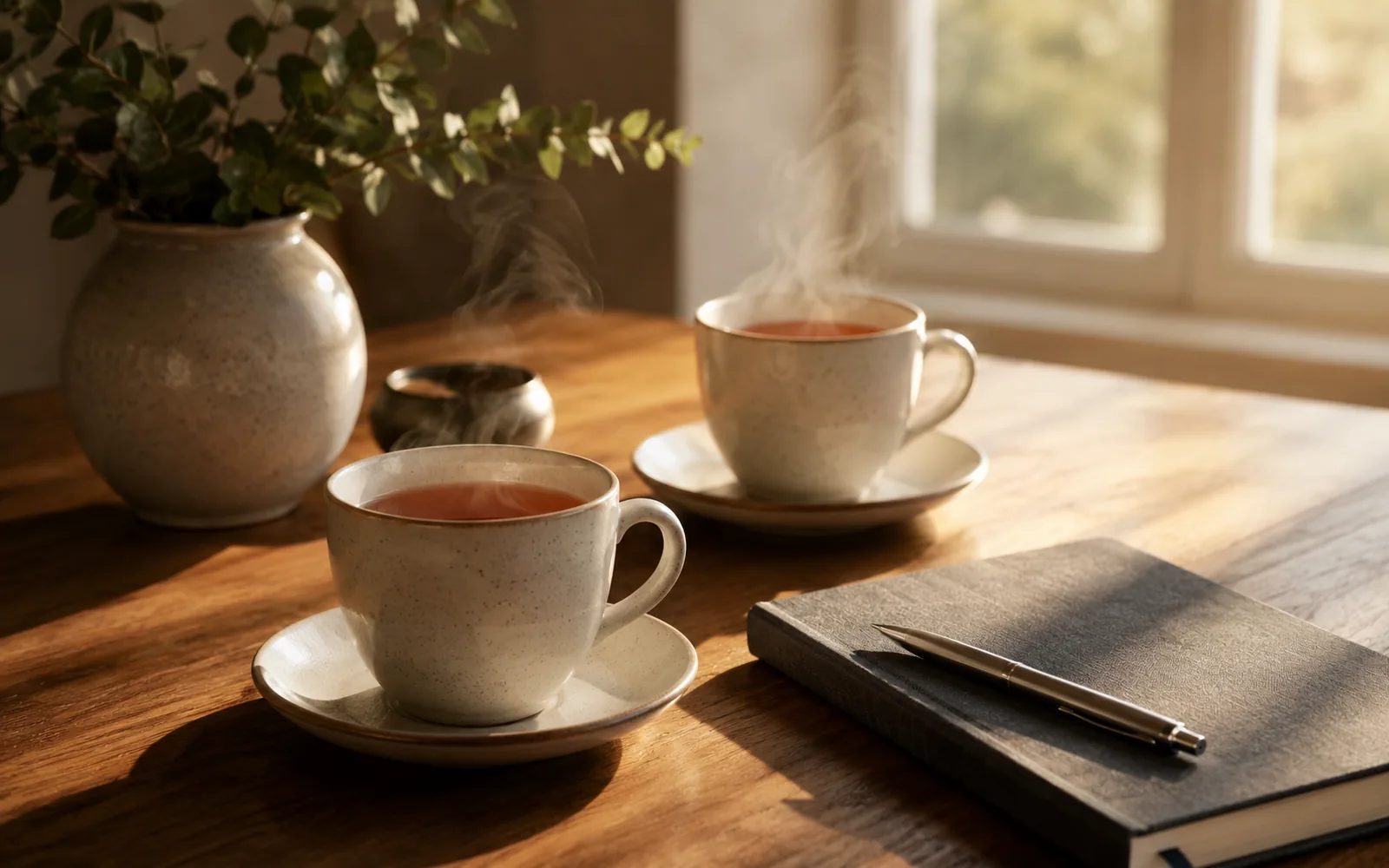 Deux tasses de thé sur une table près d'une fenêtre