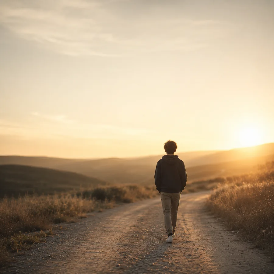 Un adolescent face à un paysage au coucher du soleil