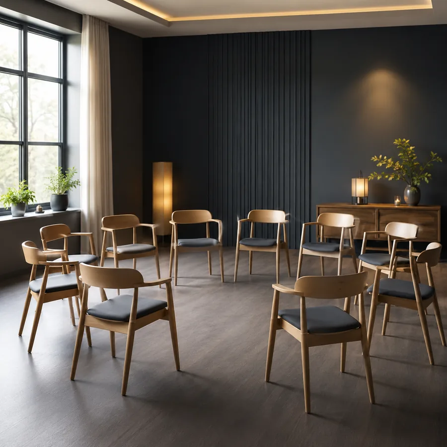 Un cercle de chaises en bois dans un espace lumineux