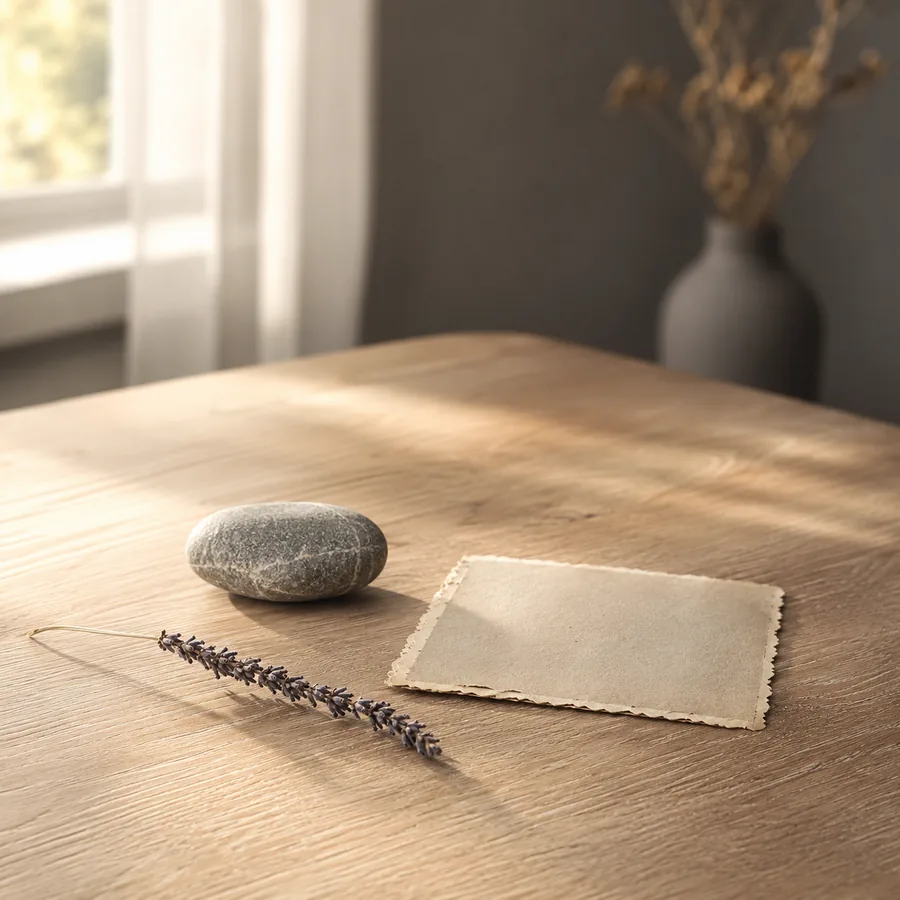 Objets de mémoire posés sur une table en bois