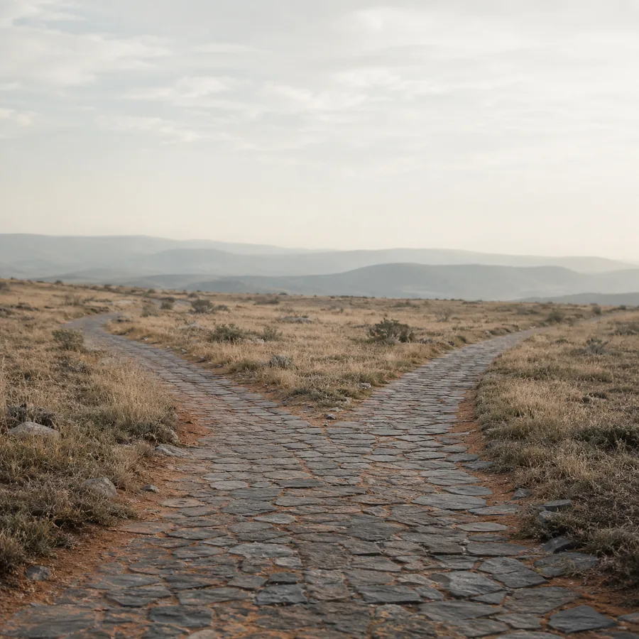 Deux chemins de pierre qui se séparent dans un paysage
