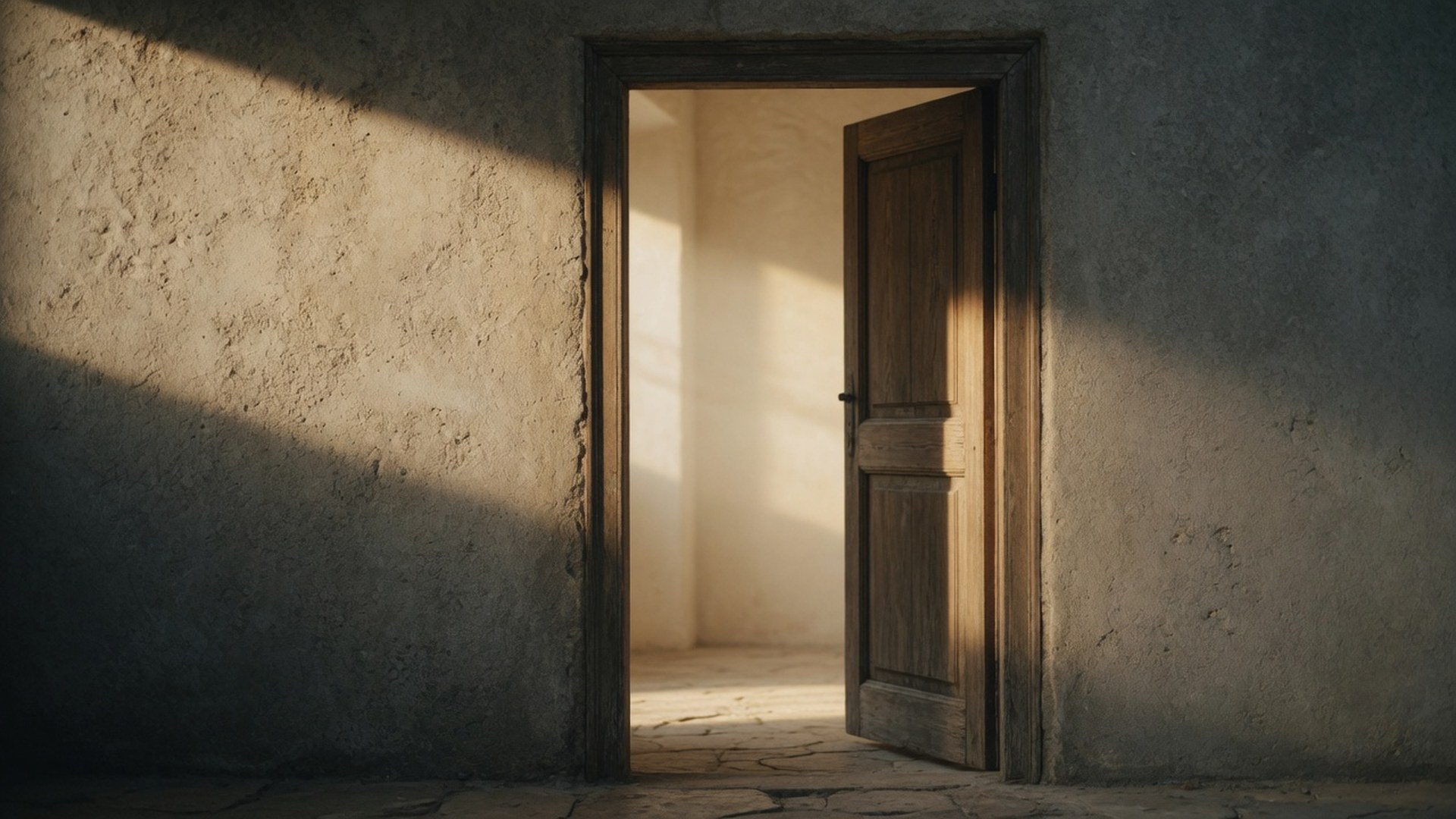 Porte ouverte vers lumière dorée, seuil architectural, moment de passage, dignité minimaliste