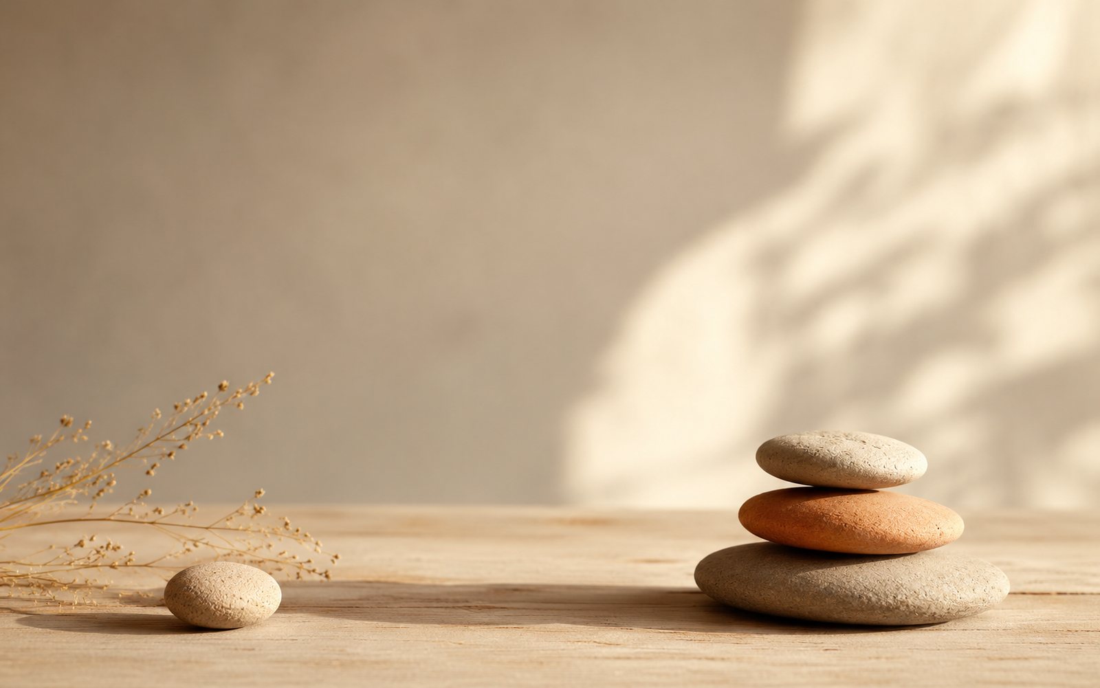 Un petit cairn de trois pierres empilées à côté d'un galet isolé, sur une table en bois baignée de lumière