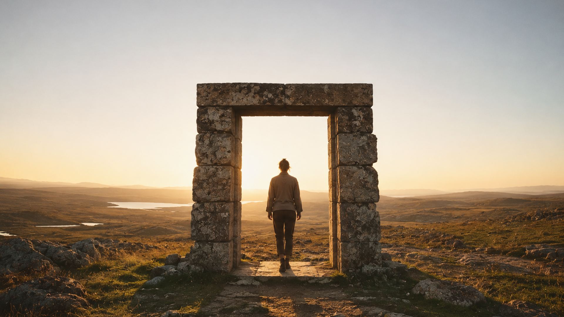 Une personne de dos franchit un seuil de pierre ancien dans un vaste paysage, au soleil couchant