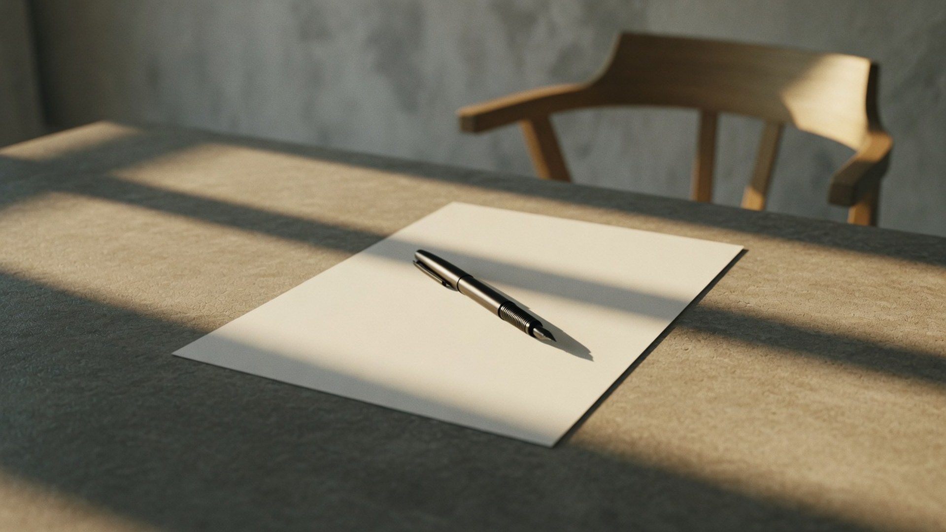 Papier blanc et stylo noir sur surface grise architecturale, lumière naturelle, clarté tarifaire